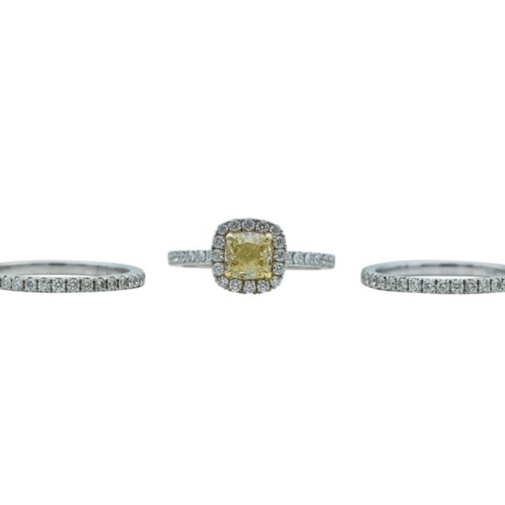 GIA 3.01 CT CANARY DIAMOND 14K WHITE GOLD BRIDAL AND ANNIVERSARY RING SET